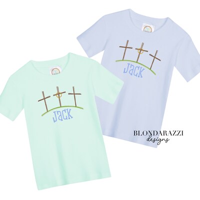 Boys Easter T Shirt with embroidered crosses and personalized name for christian faith based design - image1